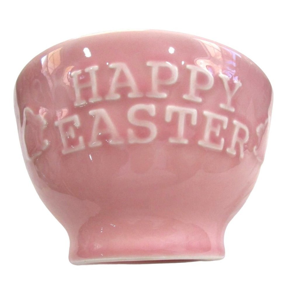 Pink Happy Easter Bunny Rabbit Washed Pink Pedestal Bowl Primagera Portugal EUC